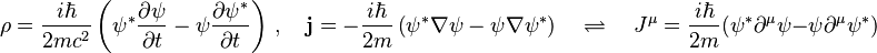 \rho = \frac{i\hbar}{2mc^2}\left(\psi^{*}\frac{\partial \psi}{\partial t} - \psi \frac{\partial \psi^*}{\partial t}\right)\, ,\quad \mathbf{j} = -\frac{i\hbar}{2m}\left(\psi^* \nabla \psi - \psi \nabla \psi^*\right)  \quad \rightleftharpoons  \quad J^\mu = \frac{i\hbar}{2m}(\psi^*\partial^\mu\psi - \psi\partial^\mu\psi^*) 