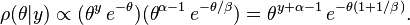  \rho(\theta|y) \propto  (\theta^{y}\, e^{-\theta}) (\theta^{\alpha-1}\, e^{-\theta / \beta}) = \theta^{y+ \alpha -1}\, e^{- \theta (1+1 / \beta)} . 