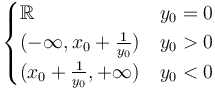 \begin{cases} \mathbb{R} & y_0 = 0 \\ 
(-\infty, x_0+\frac{1}{y_0}) & y_0 > 0 \\ 
(x_0+\frac{1}{y_0},+\infty) & y_0 < 0 \end{cases}