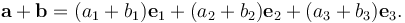 \mathbf{a}+\mathbf{b}
=(a_1+b_1)\mathbf{e}_1
+(a_2+b_2)\mathbf{e}_2
+(a_3+b_3)\mathbf{e}_3.