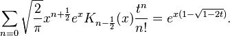 \sum_{n=0} \sqrt{\frac 2 \pi} x^{n+\frac 1 2} e^x K_{n-\frac 1 2}(x) \frac {t^n}{n!}= e^{x(1-\sqrt{1-2t})}.