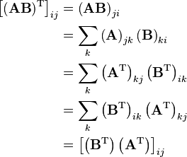 \begin{align}
\left[(\mathbf{AB})^\mathrm{T}\right]_{ij}&=\left(\mathbf{AB}\right)_{ji}\\
&=\sum_k\left(\mathbf{A}\right)_{jk}\left(\mathbf{B}\right)_{ki}\\
&=\sum_k\left(\mathbf{A}^\mathrm{T}\right)_{kj}\left(\mathbf{B}^\mathrm{T}\right)_{ik}\\
&=\sum_k\left(\mathbf{B}^\mathrm{T}\right)_{ik}\left(\mathbf{A}^\mathrm{T}\right)_{kj}\\
&=\left[\left(\mathbf{B}^\mathrm{T}\right)\left(\mathbf{A}^\mathrm{T}\right)\right]_{ij}
\end{align}