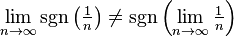 \lim_{n\to\infty} \sgn\left(\tfrac 1n\right) \neq\sgn\left(\lim_{n\to\infty} \tfrac 1n\right)