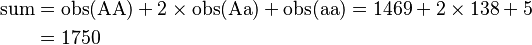 
\begin{align}
\text{sum} & = {\mathrm{obs}(\text{AA}) + 2 \times \mathrm{obs}(\text{Aa}) + \mathrm{obs}(\text{aa})}
= {1469 + 2 \times 138 +5} \\
& = 1750
\end{align}
