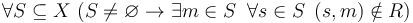 \forall S \subseteq X\ (S \neq \varnothing \to \exists m \in S\;\; \forall s \in S\;\, ( s, m) \notin R)