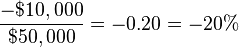 \frac{-\$10,000}{\$50,000} = -0.20 = -20\%