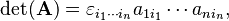  \det(\mathbf{A}) = \varepsilon_{i_1\cdots i_n} a_{1i_1} \cdots a_{ni_n},