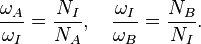  \frac{\omega_A}{\omega_I} = \frac{N_I}{N_A}, \quad \frac{\omega_I}{\omega_B} =  \frac{N_B}{N_I}.