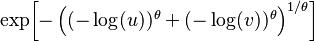 {\textstyle \exp\!\left[ -\left( (-\log(u))^\theta + (-\log(v))^\theta \right)^{1/\theta} \right]}