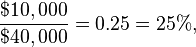 \frac{\$10,000}{\$40,000} = 0.25 = 25\%,