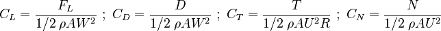 C_{L}=\frac{F_L}{{1}/{2}\;\rho AW^{2}}\text{     };\text{     }C_{D}=\frac{D}{{1}/{2}\;\rho AW^{2}}\text{      };\text{      }C_{T}=\frac{T}{{1}/{2}\;\rho AU^{2}R}\text{      };\text{     }C_{N}=\frac{N}{{1}/{2}\;\rho AU^{2}}