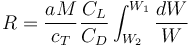 R=\frac{aM}{c_T}\frac{C_L}{C_D}\int_{W_2}^{W_1}\frac{dW}{W}