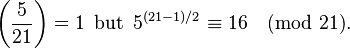 \left(\frac{5}{21}\right) = 1\,\text{ but }\,5^{(21-1)/2} \equiv 16\pmod{21}.