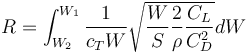 R=\int_{W_2}^{W_1}\frac{1}{c_T W} \sqrt{\frac{W}{S}\frac{2}{\rho}\frac{C_L}{C_D^2}}dW