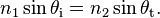 n_1 \sin \theta_\mathrm{i} = n_2 \sin \theta_\mathrm{t}.