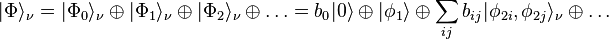 |\Phi\rangle_\nu=|\Phi_0\rangle_\nu  \oplus |\Phi_1\rangle_\nu \oplus |\Phi_2\rangle_\nu \oplus \ldots = b_0 |0\rangle \oplus |\phi_1\rangle \oplus \sum_{ij} b_{ij}|\phi_{2i}, \phi_{2j} \rangle_\nu \oplus \ldots