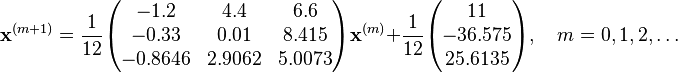  \bold x^{(m+1)} =
\frac{1}{12} \begin{pmatrix}
-1.2 & 4.4 & 6.6 \\
-0.33 & 0.01 & 8.415 \\
-0.8646 & 2.9062 & 5.0073
\end{pmatrix}
\bold x^{(m)} +
\frac{1}{12} \begin{pmatrix}
11 \\
-36.575 \\
25.6135
\end{pmatrix},
\quad m = 0, 1, 2, \ldots