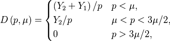 D\left( p, \mu \right)=\begin{cases} \left( Y_{2}+Y_{1} \right)/p & p < \mu, \\ Y_{2}/p & \mu < p < 3\mu/2,\\ 0 & p > 3\mu/2, \end{cases}