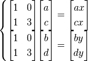  \begin{cases} \begin{bmatrix} 1 & 0\\ 1 & 3 \end{bmatrix} \begin{bmatrix} a \\ c \end{bmatrix} = \begin{bmatrix} ax \\ cx \end{bmatrix} \\ \begin{bmatrix} 1 & 0\\ 1 & 3 \end{bmatrix} \begin{bmatrix} b \\ d \end{bmatrix} = \begin{bmatrix} by \\ dy \end{bmatrix} \end{cases} 