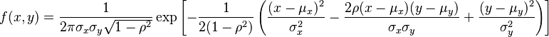  f(x,y) = \frac{1}{2\pi \sigma_x \sigma_y \sqrt{1-\rho^2}} \exp\left[ -\frac{1}{2(1-\rho^2)} \left(\frac{(x-\mu_x)^2}{\sigma_x^2} - \frac{2\rho(x-\mu_x)(y-\mu_y)}{\sigma_x\sigma_y} + \frac{(y-\mu_y)^2}{\sigma_y^2}\right) \right] 