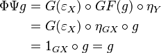 \begin{align}
\Phi\Psi g &= G(\varepsilon_X)\circ GF(g)\circ\eta_Y \\
 &= G(\varepsilon_X)\circ\eta_{GX}\circ g \\
 &= 1_{GX}\circ g = g\end{align}