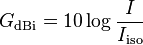 G_\text{dBi} = 10\log{I \over I_\text{iso}}\,