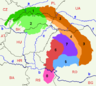 Map indicating the main divisions of the Carpathian Mountains