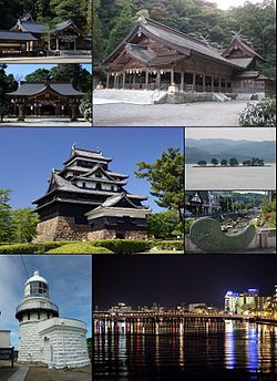 From top left: Kumano Taisha, Yaegaki Shrine, Miho Shrine, Matsue Castle, Lake Shinji (Yomegashima), Tamatsukuri hot springs, Mihonoseki Lighthouse, Night view of Matsue