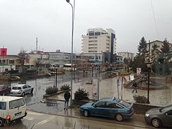 Center of Skenderaj town in a rainy day.