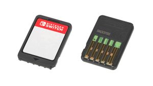 On the left, the front of a Nintendo Switch game cartridge is seen. To the right, the bottom of a Nintendo Game cartridge is seen.