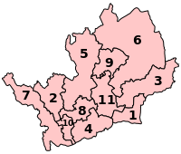 A map of a county, divided into eleven constituencies