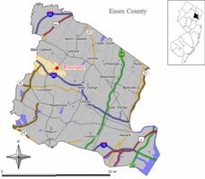 Map of Roseland in Essex County. Inset: Location of Essex County highlighted in the State of New Jersey.