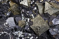 Magnetite exposed on the ground. The mineral is black and irregularly smooth. Individual chunks jut at angles characteristic of the crystal habit.