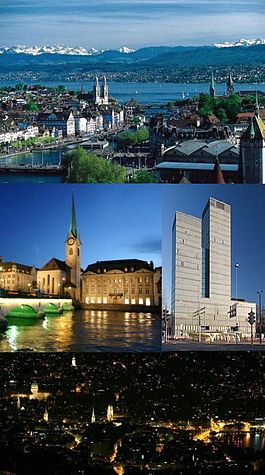 Top: View over Zürich and the lakeMiddle: Fraumünster Church on the river Limmat (left) and the Sunrise Tower (right)Bottom: Night view of Zürich from Üetliberg