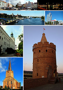 Top: Market; Old Town Hall, The Oder RiverMiddle: National Sea Museum, PAZIM buildingBottom: Ducal Castle, St James' Cathedral, Virgin Tower