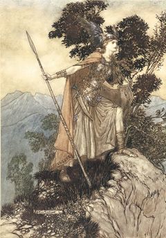 A youthful valkyrie, wearing armour, cloak and winged helmet and holding a spear, stands with one foot on a rock and looks intently towards the right foreground. In the background are trees and mountains.