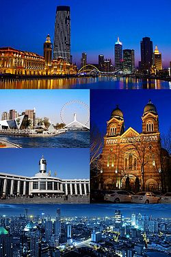 Clockwise from top: Jinwan Square, Tianjin Financial Center and Hai River, Xikai Church, Panorama of downtown Tianjin, Tianjin Railroad Station, Tianjin Eye