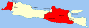 A map of Java; parts of the map are highlighted red.