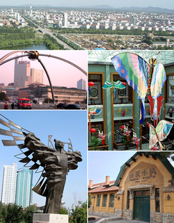 Top: Panorama view of Zhucheng area,　Middle left:Arch of Dongfengjie Bridge area, Middle right:Weifang Kite Museum, Bottom left:Stature of Lu Ban, nearby Weifang People's Park, Bottom right:Fangci historial heritage area