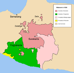  The realm of Surakarta Sunanate (red) and Yogyakarta Sultanate (green) in 1830 