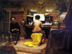 Painting depicting an interior with a nude female model sitting at a spinet piano while an artist works at his easel on the left side of the canvas