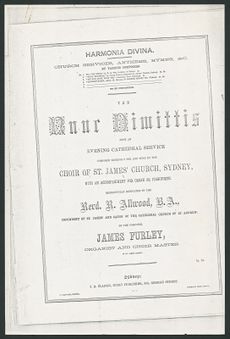  Printed cover page of musical score, using different fonts and "Respectfully dedicated to the Revd. R. Allwood, B.A., incumbent of St. James' and Canon of the cathedral church of St. Andrew", for use in a service at St Andrew's