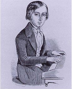 sketch of young boy at piano keyboard