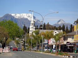 Wellington CBD, with the NG Mother Church and snowy Wemmershoek Peak beyond