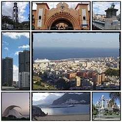 From the top, left to right: Iglesia Matriz de la Concepción, Mercado Nuestra Señora de África, Puente Serrador, Torres de Santa Cruz, Panoramic city, Auditorio de Tenerife, Playa de Las Teresitas and Plaza de España.