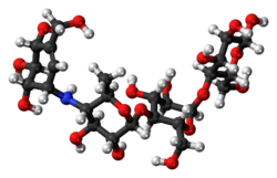 Ball-and-stick model of the acarbose molecule