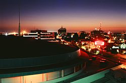 Bakersfield skyline at night with the Rabobank Arena in the foreground.