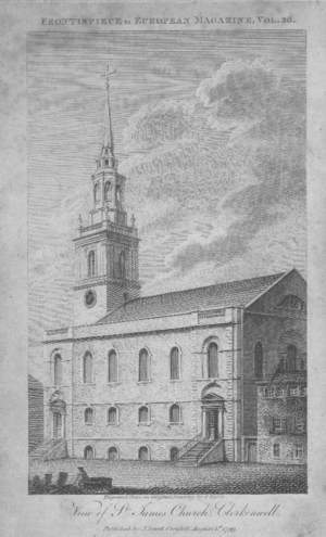 Frontispiece of The European Magazine, vol. 36, 1st August 1799 featuring St James Church, Clerkenwell