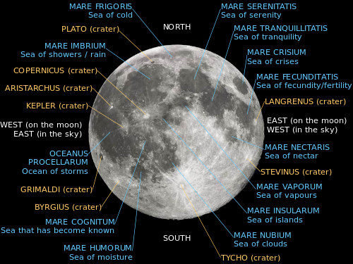 Lunar nearside with major maria and craters labelled.