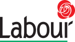 Black word "Labour" in sans-serif font underlined in green with "r" in form of stylised plough, with red rose above.